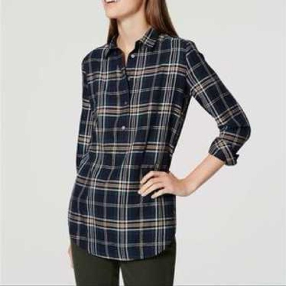 4/$20 Ann Taylor LOFT Softened XS Plaid Button Front Tunic Shirt Top